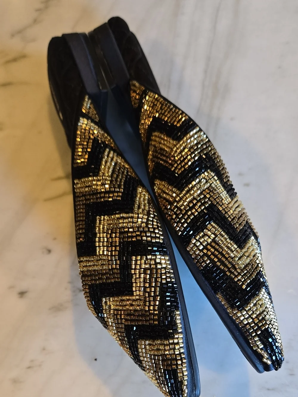 BIRDIES Shoes The SWAN Mules Deco Chevron Metallic Gold Bronze Black Size 8